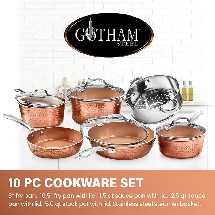 Gotham Steel Hammered Copper 10 Piece Non Stick Cookware Set & Reviews